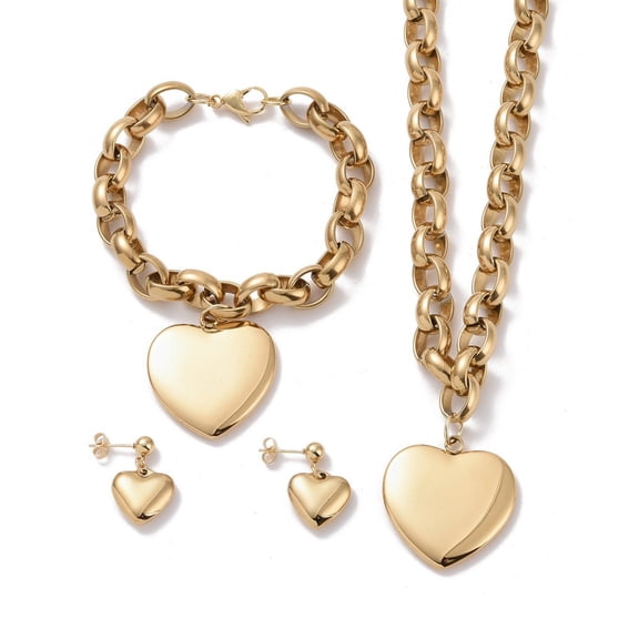 304 Stainless Steel Jewelry Sets Pendant Necklaces & Charm Bracelets & Stud Earrings Heart Golden 17.72 inch(45cm) 8-1/4 inch(210mm) 16mm Pin: 0.8mm