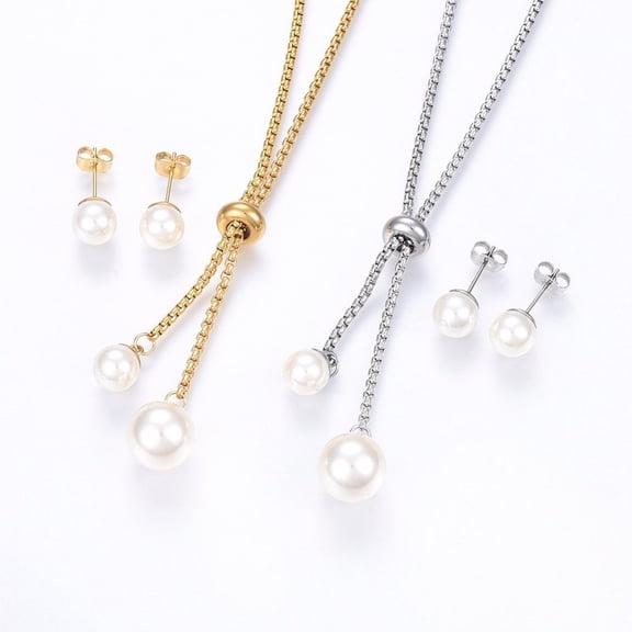 304 Stainless Steel Jewelry Sets Slider Necklaces and Stud Earrings with Acrylic Imitation Pearl Round Mixed Color Necklace: 23.62 inch(60cm) 2mm Earrings: 20x8mm Pin: 0.8mm
