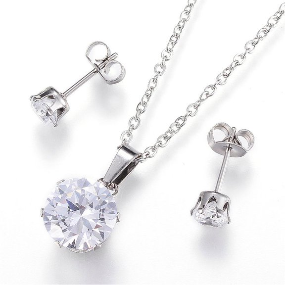 304 Stainless Steel Jewelry sets Pendant Necklaces and Stud Earrings with Cubic Zirconia Flat Round Stainless Steel color 17.7 inch(45cm) 5mm Pin: 0.8mm
