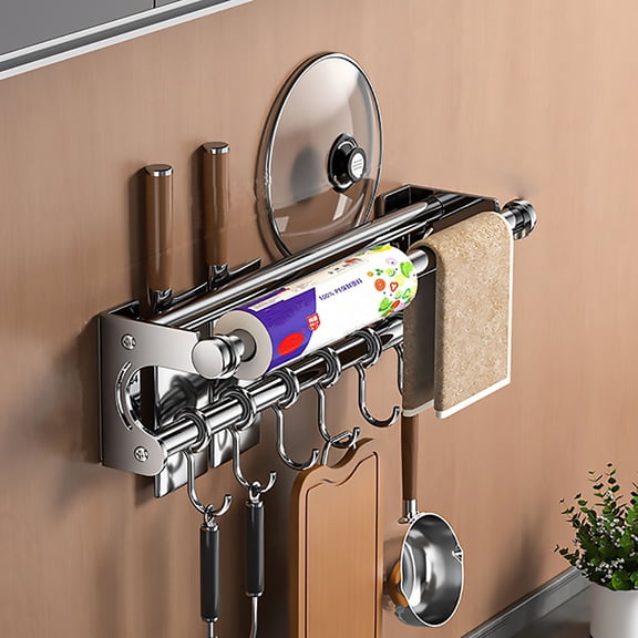 304 Stainless Steel Kitchen Hook Rack, No Drill Wall Mounted Organizer with 6 Detachable Hooks, Adhesive Utensil Holder for Spatulas and Cutting Boards