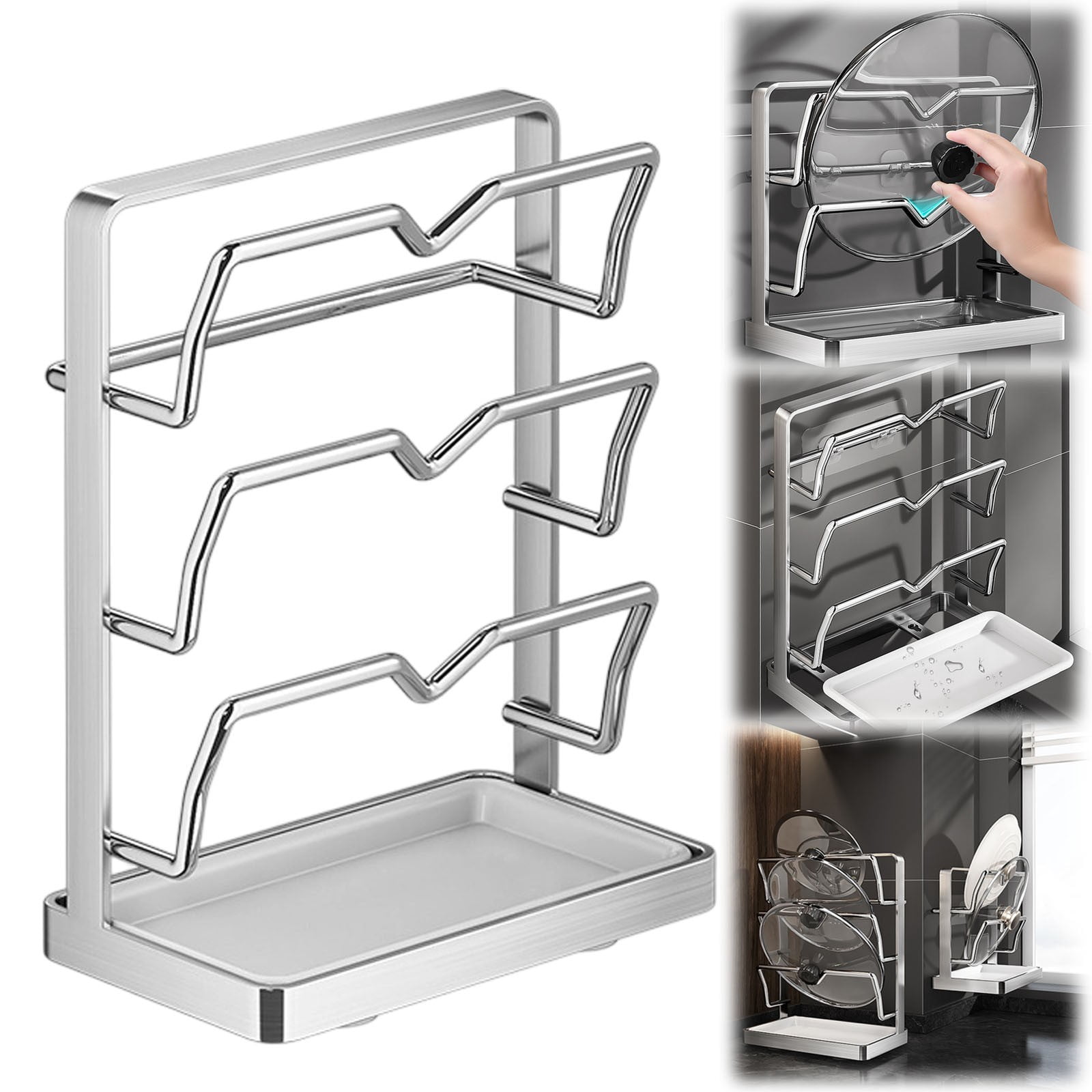 304 Stainless Steel Kitchen Pot Lid Holder, 3-Layer Pot Lid with Drip ...