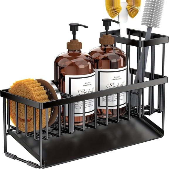 304 Stainless Steel Kitchen Sink Caddy - Rustproof Black Organizer with Drain Tray | Heavy-Duty Sponge/Brush Holder, Space-Saving Dish Rack Accessory for Sinks & Countertops