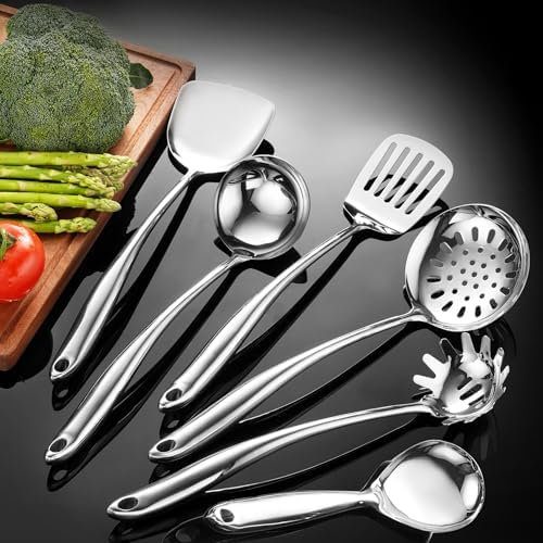 304 Stainless Steel Kitchen Utensil 6 PCS Cooking Utensils Set, Spatula, Ladle, Skimmer, Slotted Spatula Tunner, Spaghetti Spoon, Large Spoon