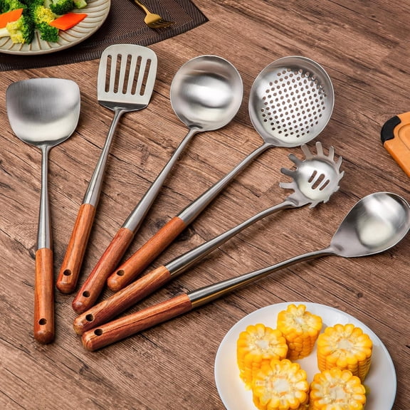 304 Stainless Steel Kitchen Utensil Set - 6 PCS Wok Spatula Tools with Ergonomic Walnut Handle for Cooking
