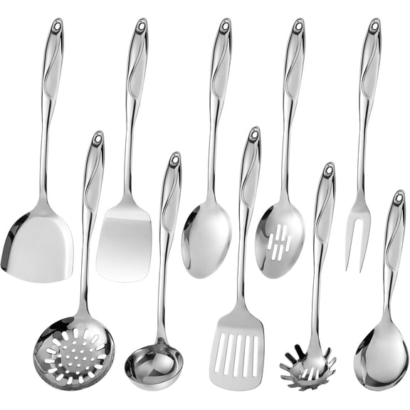 304 Stainless Steel Kitchen Utensils Set, 10 Pcs Metal Cooking Utensil, Mirror Polished Kitchen Gadget Cookware and Kitchen Tool Set, Dishwasher Safe