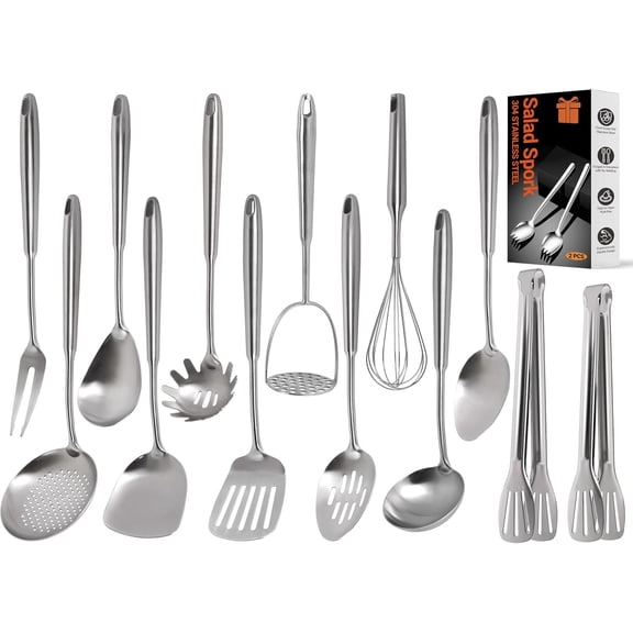 304 Stainless Steel Kitchen Utensils Set, 15 count Metal Cooking Tools Set with Whisk, Turner, Tongs, Ladle & Masher, Heavy Duty Dishwasher Safe Kitchen Gadget Set for & Professional Cooking