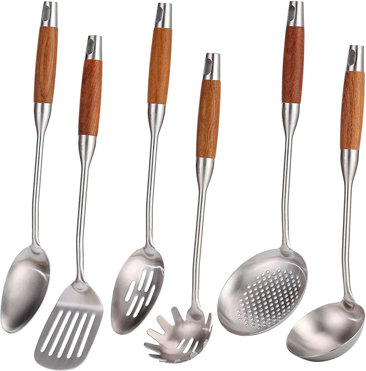 304 Stainless Steel Kitchen Utensils Set with Wood Handle - 15” Long Metal Solid Spoon, Slotted Spoon, Slotted Spatula Tunner, Skimmer, Soup Ladle, Spaghetti Spoon, 6-Piece Large Spoons - Walmart.com