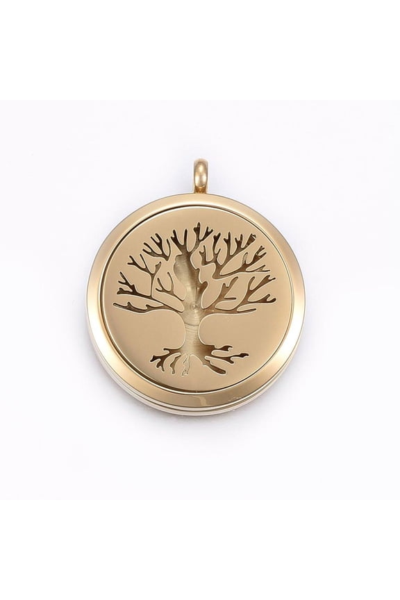 304 Stainless Steel Magnetic Diffuser Locket Pendants Flat Round with Tree of Life Golden 36x30x5.5mm Hole: 4.5mm 23mm Inner Diameter