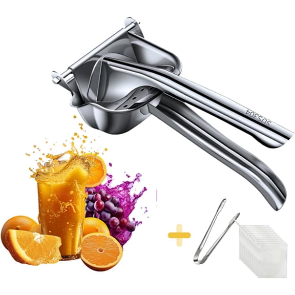 304 Stainless Steel Manual Juicer Fresh Fruit Juice Extractor With Safe And Healthy Hand Juicer Squeezer filter bag 50Pcs Easy To Clean For Orange Citrus Pomegranate Lime Grapefruit Kitchen Tool