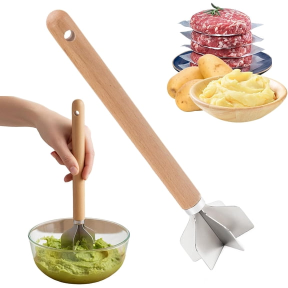 304 Stainless Steel Meat Chopper, 6 Blade Ground Beef Masher with Wooden Handle, Meat Masher Ground Meat Chopper for Kitchen, 11 Inch Potato Masher Hamburger Smasher Tool for Cooking
