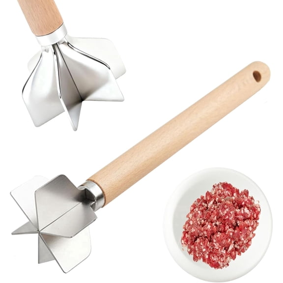 304 Stainless Steel Meat Chopper,6 Blade Ground Beef Masher with Wooden Handle, 11 Inch Potato Masher, Metal Meat Masher for Kitchen