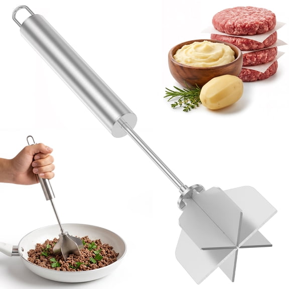 304 Stainless Steel Meat Chopper & Masher,11 Inch Heat Resistant Ground Beef Chopper Tool with 6 Curve Blades & Ergonomic Non-Slip Handle, Heavy-Duty Hamburger Smasher Tool Dishwasher Safe