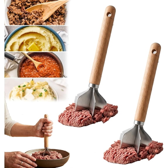 304 Stainless Steel Meat Chopper with Wooden Handle, 6-Blade Heavy Duty Ground Beef Masher. Easy Clean Heat Resistant Kitchen Tool 2pc Set