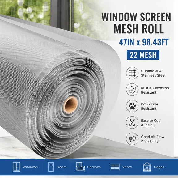 304 Stainless Steel Mesh Window Screen Roll, 47IN x 98FT Silver Metal Screen Replacement for Window, Door, Patio, Pet, Vent, Porch, Cage, DIY Project, 22 Mesh