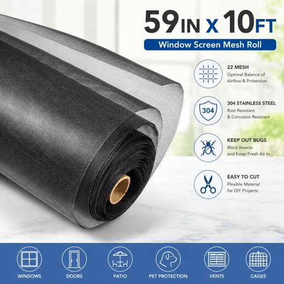 304 Stainless Steel Mesh Window Screen Roll, 59IN x 10FT Black Metal Replacement, Durable Window & Door Screen, Pet-Resistant, Patio, Porch, Vent, DIY Project (22 Mesh)