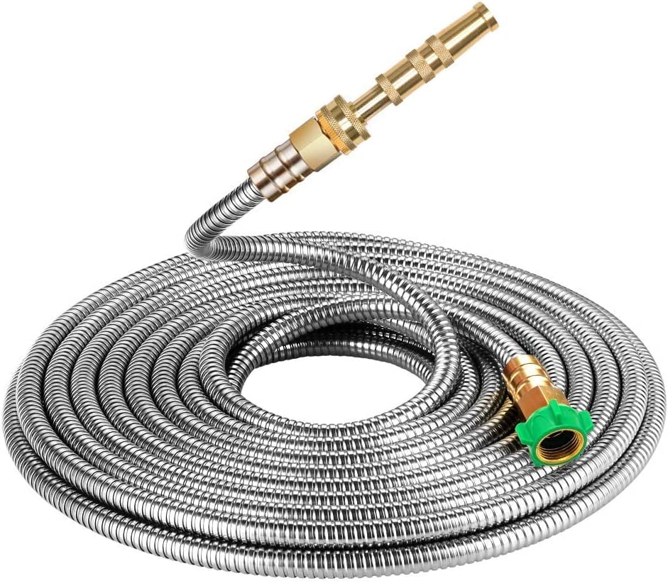 304 Stainless Steel Metal Garden Hose 25 Feet with Brass Garden Hose Nozzle Flexible, Portable & Lightweight Kink Free Garden Water Outdoor Hose
