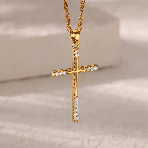 304 Stainless Steel Micro Pave Clear Cubic Zirconia Pendant Necklaces for Women Real 18K golden Plated Cross 15.75 inch(40cm)