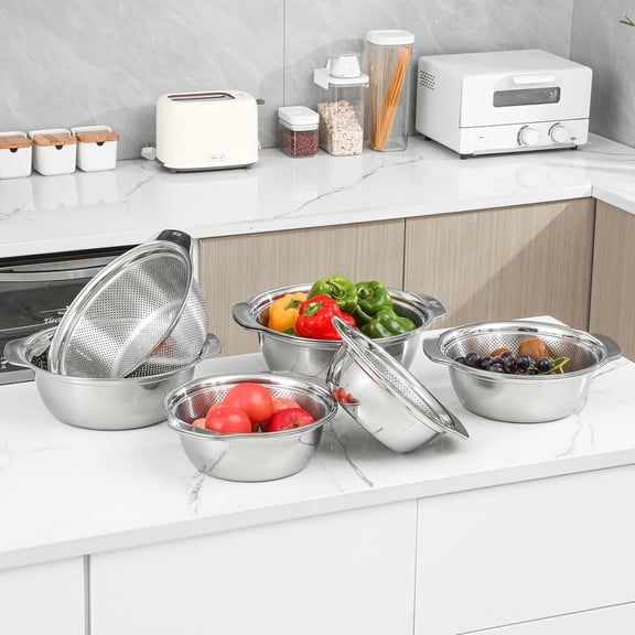 304 Stainless Steel Microporous Colander with Handle, Rice Washers Microporous Strainer Set For washing vegetables, fruits and rice, and draining cooked pasta.