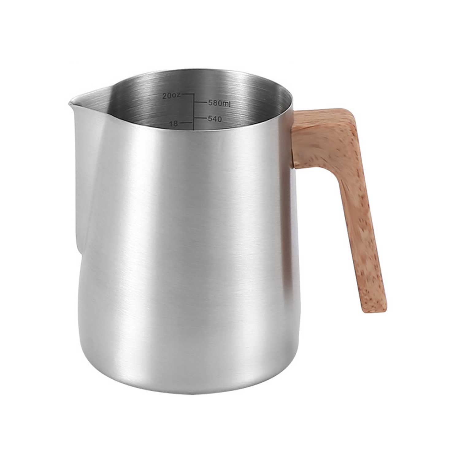 304 Stainless Steel Milk Frothing Pitcher - Wood Grain Handle with Scale Markings