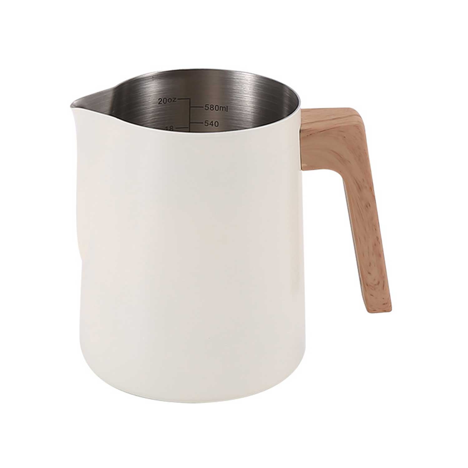 304 Stainless Steel Milk Frothing Pitcher - Wood Grain Handle with Scale Markings