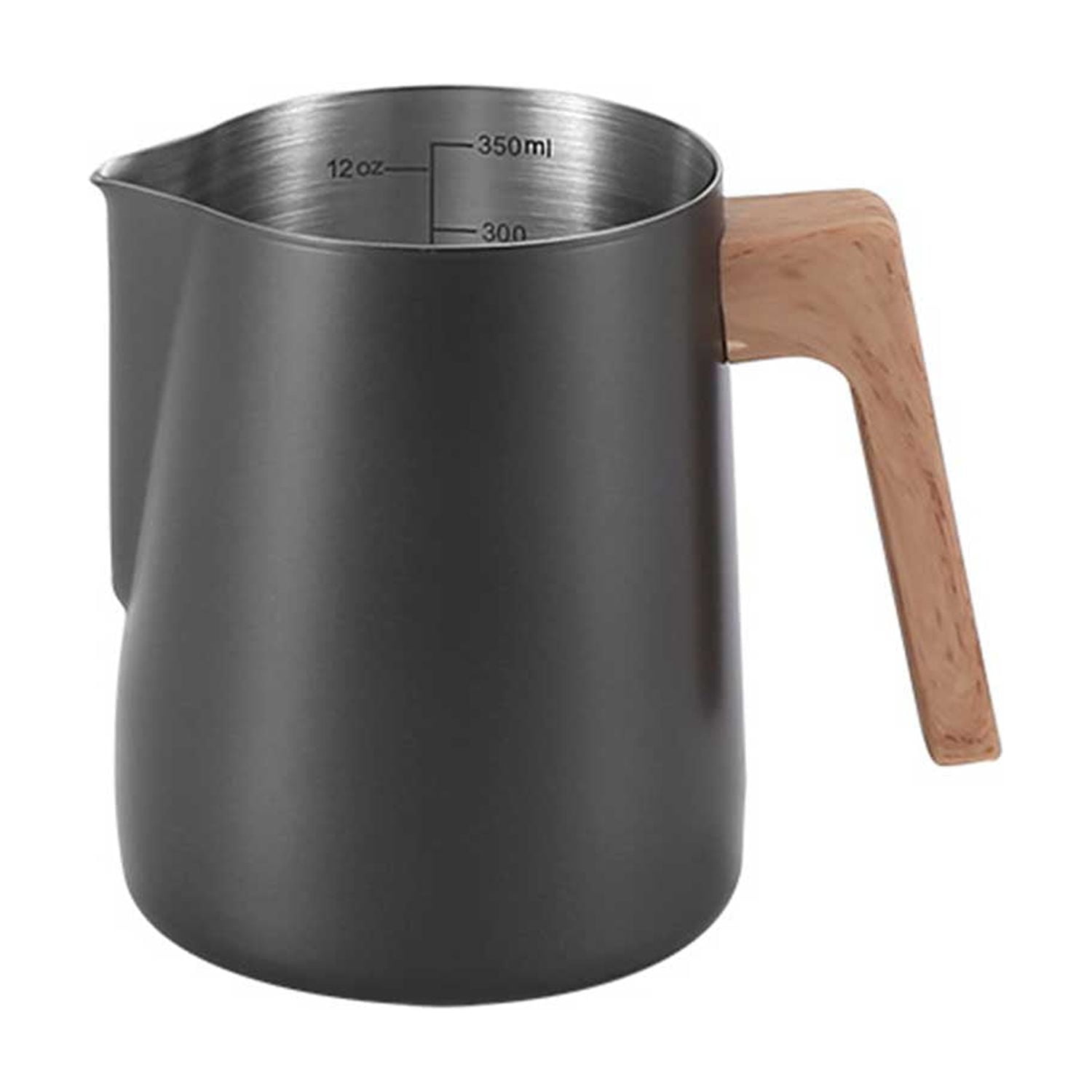 304 Stainless Steel Milk Frothing Pitcher - Wood Grain Handle with Scale Markings