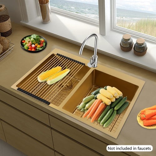 304 Stainless Steel Modern Gold Double Bowl Kitchen Sink With Drainage Grids