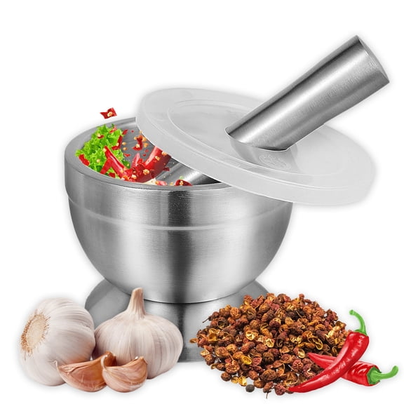 304 Stainless Steel Mortar and Pestle Set, 5.9 x 4.7 Inch Heavy-Duty Non-Slip Base, Shock-Absorbing Quiet Grinder for Spices Herbs Garlic Kitchen Use
