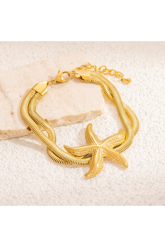 304 Stainless Steel Multi-layer Bracelets Snake Chain Bracelets for Women with Rhinestone Gold Starfish 6-3/4 inch(17.3cm) starfish: 31z33mm