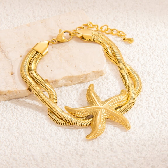 304 Stainless Steel Multi-layer Bracelets Snake Chain Bracelets for Women with Rhinestone golden Starfish 6-3/4 inch(17.3cm) starfish: 31z33mm