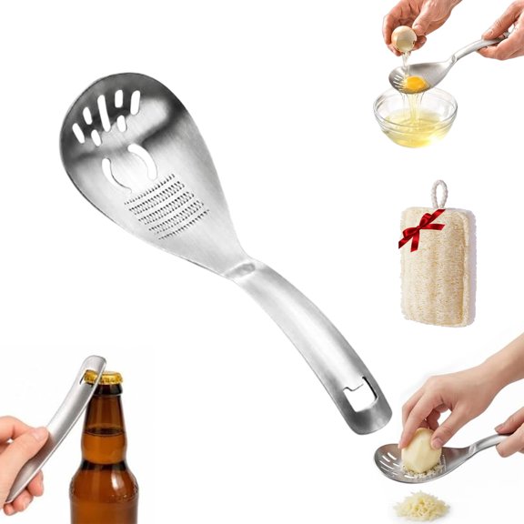 304 Stainless Steel Multifunctional Kitchen Spoon Separator Grater Masher, 5-in-1 Cooking Spoon with Egg Yolk Separator, Slotted Strainer (1PC-A)