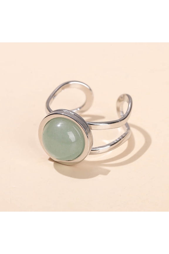 304 Stainless Steel & Natural Aventurine Cuff Rings Flat Round Silver Inner Diameter: 18mm