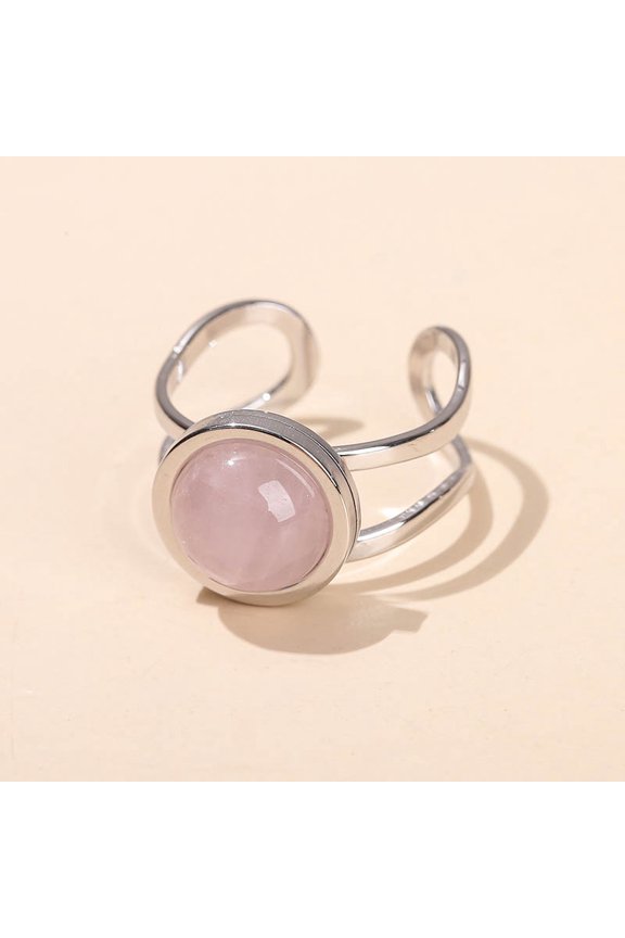 304 Stainless Steel Natural Rose Quartz Cuff Rings Flat Round Silver Inner Diameter: 18mm