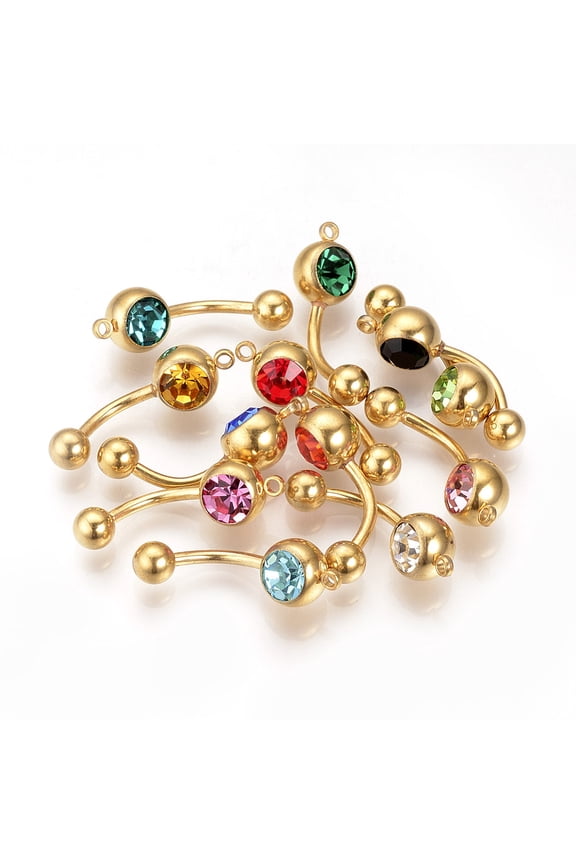 304 Stainless Steel Rings Belly Button Rings Curved Barbell with Loop & Rhinestone Piercing Jewelry Golden Mixed color 25x8x7mm Hole: 1mm Pin: 15 Gauge(1.5mm) Bar Length: 1/2"(12mm)