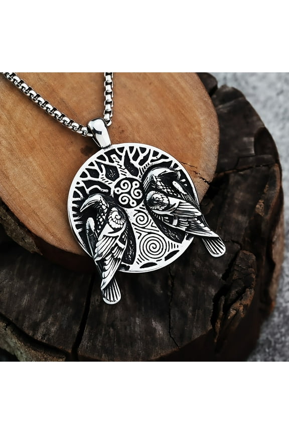 304 Stainless Steel Norse Mythology Raven Tree Of Life Pendant Necklace Odin Huginn And Muninn Necklace Men's Punk Jewelry