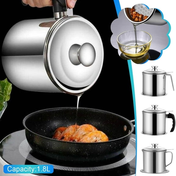 304 Stainless Steel Oil Filter Pot 1.8L - Heavy Duty Grease Container with Fine Mesh Strainer for Frying Storage and Recycling