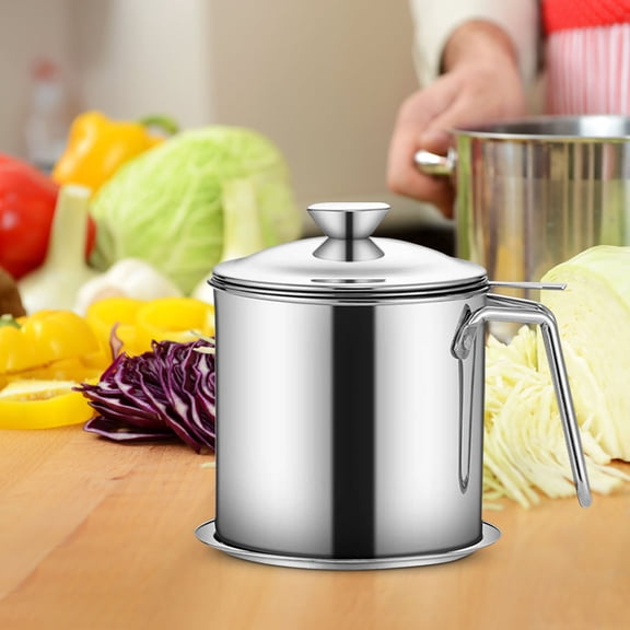 304 Stainless Steel Oil Filter Pot, Bacon Grease Container with Strainer, Cooking Oil Container With Frying Basket, Large Capacity Multifunctional Oil Strainer Pot for Kitchen and Camping