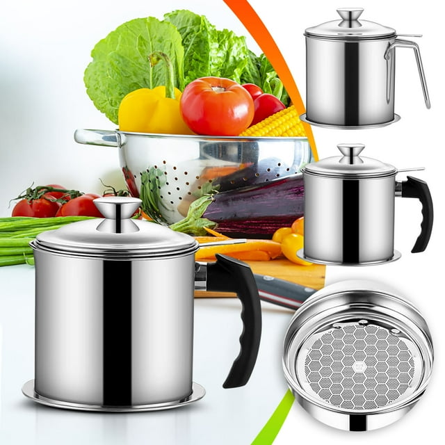 304 Stainless Steel Oil Filter Pot - Built-in Fine Mesh Filter & Drip Tray | Leak-Proof Spout | Easy to Clean | Wide Mouth Design | Multiple Sizes | Versatile Use for Cooking Oils