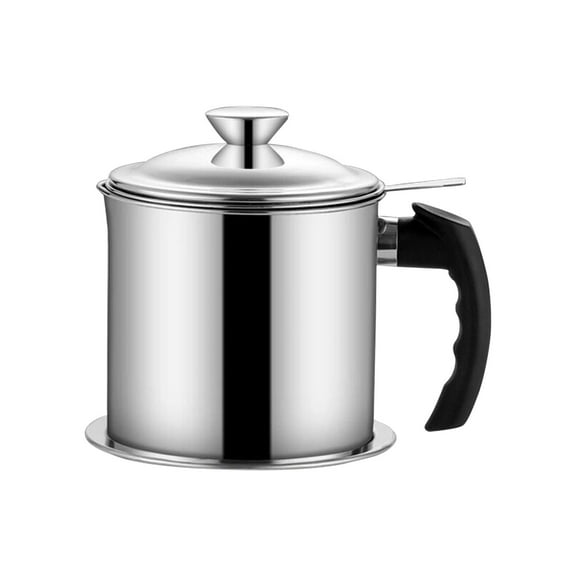 Stainless Steel Oil Filter Pot with Built-in Mesh Filter and Drip Tray, Multi-purpose Oil Storage and Recycling Container, Easy to Clean and Wide Mouth Design