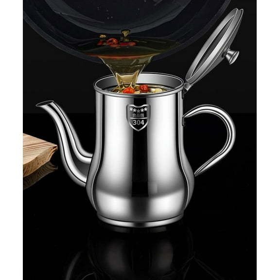 304 Stainless Steel Oil Pot 1000Ml, Stainless Oil Dispenser with Strainer, High-Temperature Resistant, Easy-Pour Spout, Kitchen Storage Container, By Kingtowag
