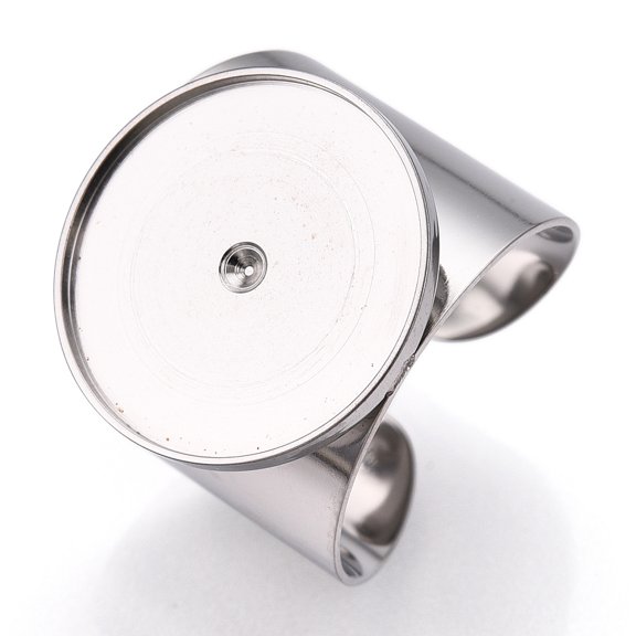 304 Stainless Steel Open Cuff Finger Ring Cabochon Settings Flat Round Stainless Steel color Inner Diameter: 17mm Tray: 17mm