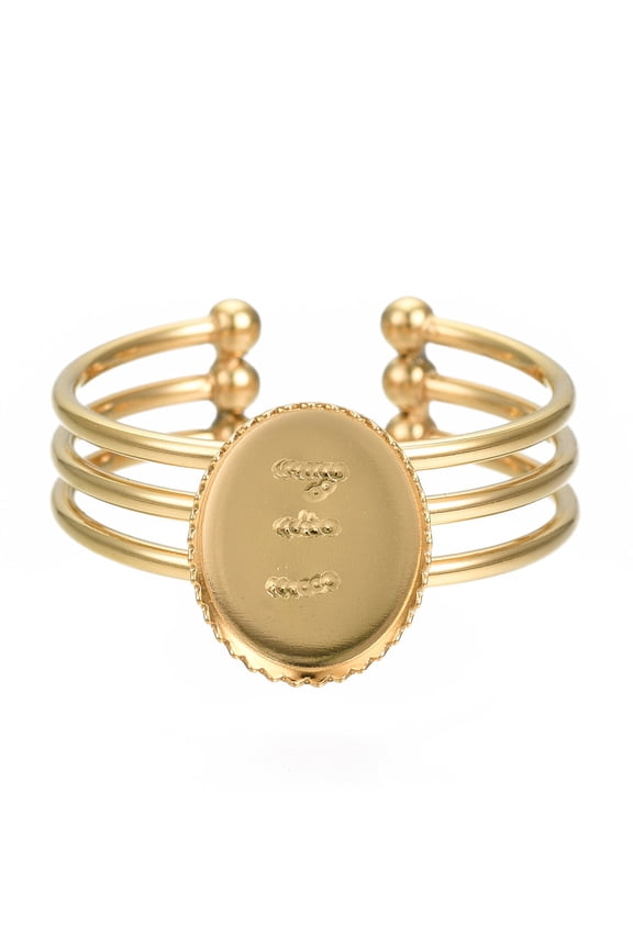 304 Stainless Steel Open Cuff Finger Ring Cabochon Settings Oval Golden US Size 8 3/4(18.7mm) Tray: 8.2x10.2mm