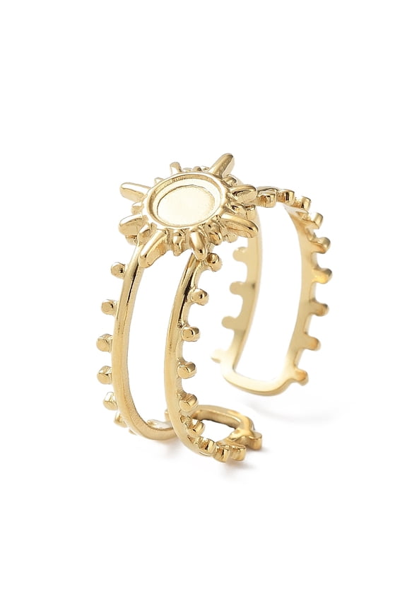 304 Stainless Steel Open Cuff Ring Components Bezel Cup Ring Settings Sun with Round Tray Real 14K Gold Plated Inner Diameter: 17mm Tray: 4.5mm