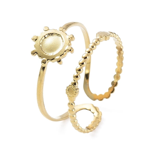 304 Stainless Steel Open Cuff Ring Components Bezel Cup Ring Settings Sun with Round Tray Real 14K Gold Plated Size 6 1/4(16.7mm) Tray: 4mm