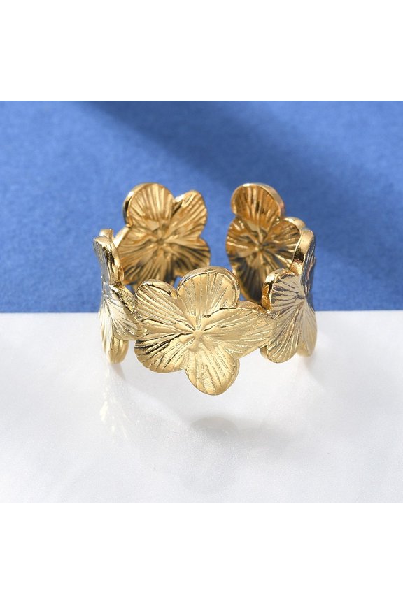 304 Stainless Steel Open Cuff Ring Flower Golden Size 7 1/2(17.7mm)