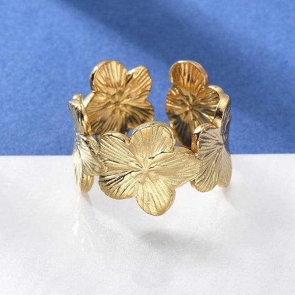 304 Stainless Steel Open Cuff Ring Flower Golden US Size 7 1/2(17.7mm) 304 Stainless Steel