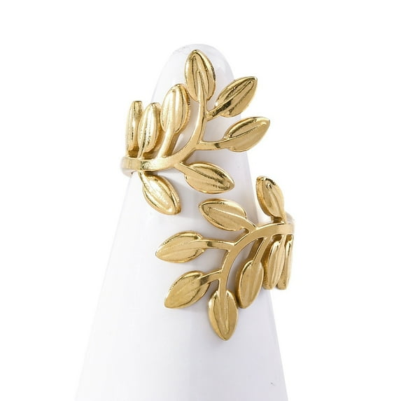 304 Stainless Steel Open Cuff Ring for Women Leaf Real 18K Gold Plated 32mm Inner Diameter: 18mm