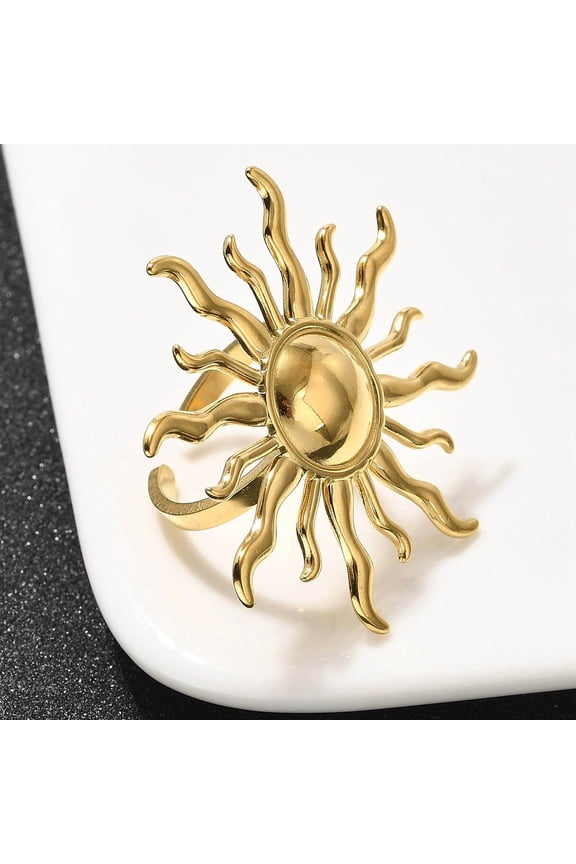 304 Stainless Steel Open Cuff Ring for Women Real 18K golden Plated Sun Sun: 38.5x40mm Adjustable