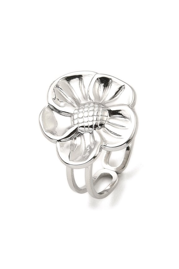 304 Stainless Steel Open Cuff Rings Flower Stainless Steel color US Size 6 1/2(16.9mm)