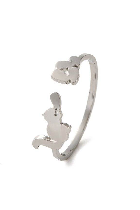 304 Stainless Steel Open Cuff Rings Jewely for Women Squirrel Stainless Steel Color Size 8 1/2(18.5mm)