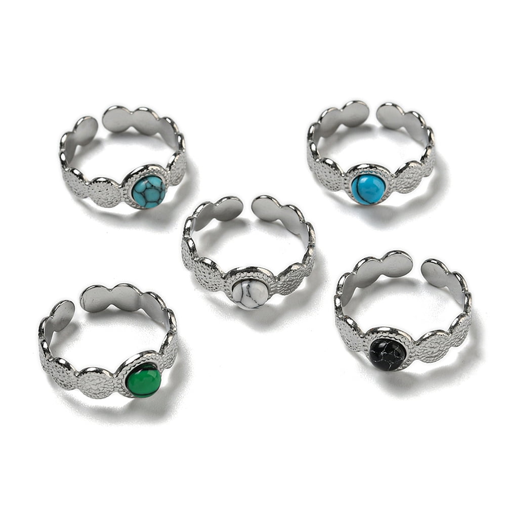 Open Cuff Rings 304 Stainless Steel Open Cuff Rings Malachite & Turquoise Round Finger ...
